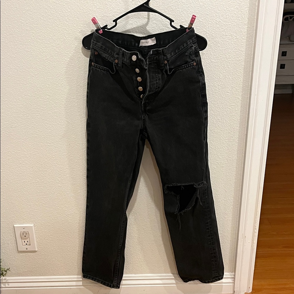 Topshop Black Straight Leg Jeans with Distressed Detail